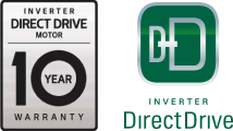 Placa de garantia de 10 anos do motor Inverter Direct Drive à esquerda do logotipo verde do Direct Drive.