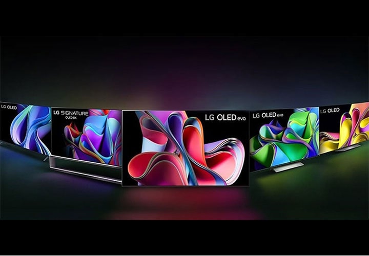 Uma linha de várias TVs OLED da LG, incluindo os modelos LG SIGNATURE OLED 8K e LG OLED evo, exibindo designs abstratos vibrantes e coloridos em suas telas, em um fundo escuro.