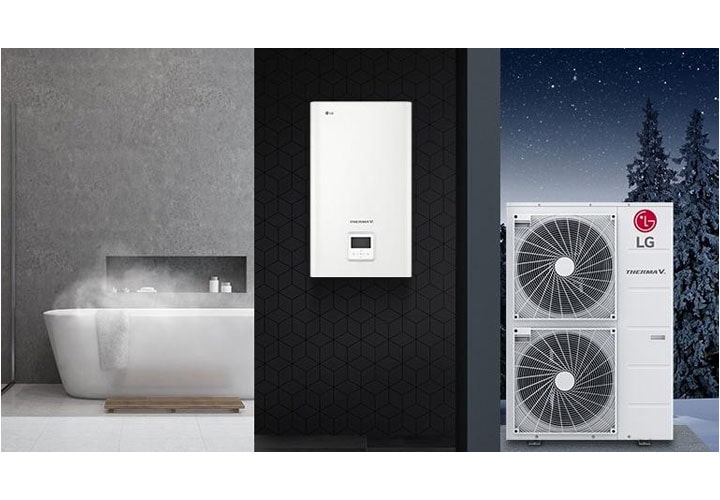 Texto alternativo: Um banheiro luxuoso com uma bomba de calor LG oferece água quente em uma atmosfera aconchegante, demonstrando a eficiente tecnologia de aquecimento interno.