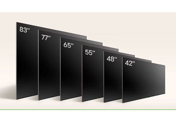Arranjo escalonado de painéis de TV OLED exibindo tamanhos de tela de 42, 48, 55, 65, 77 e 83 polegadas, classificados em ordem crescente, do menor ao maior.