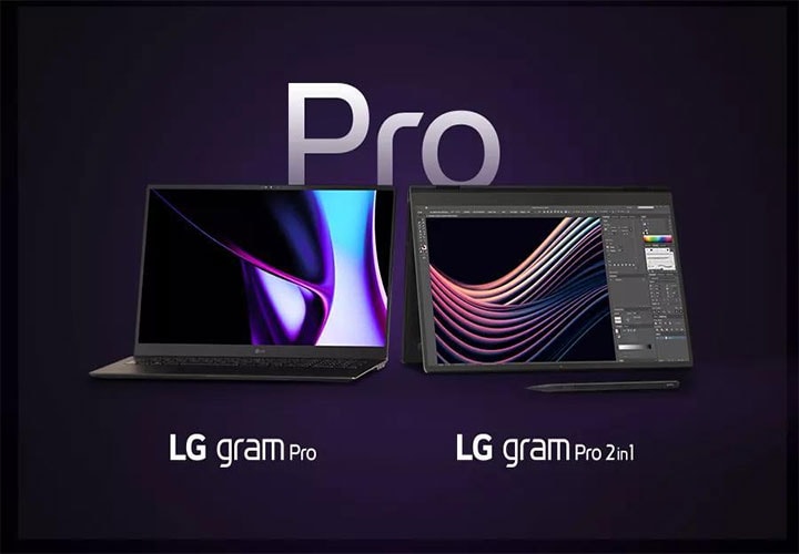 Os modelos 2024 dos notebooks LG gram Pro e LG gram Pro 2 em 1 com um fundo roxo.