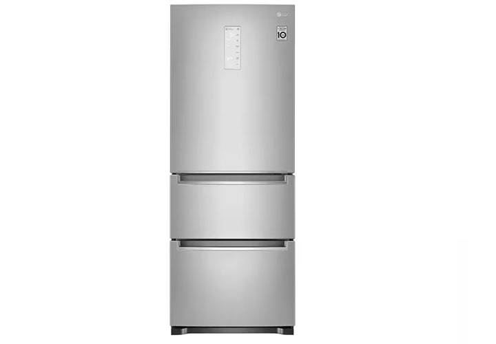 Geladeira LG para kimchi com design minimalista em aço inoxidável, apresentando um compartimento superior e duas gavetas inferiores para armazenar kimchi.