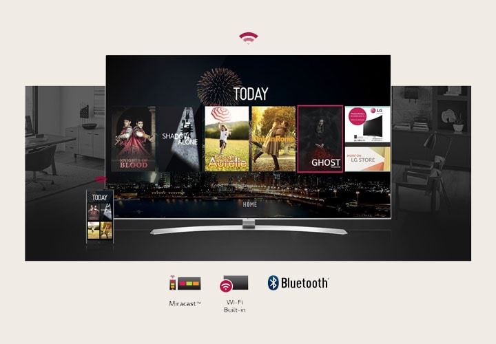 Smart TV LG mostrando a interface de streaming com conectividade Miracast, Wi-Fi e Bluetooth para uma experiência conectada. 