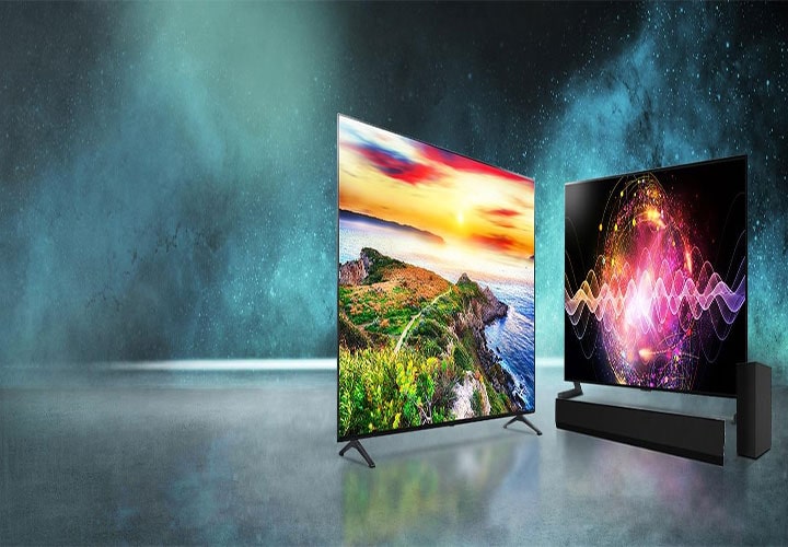 Duas TVs LG com IA lado a lado, demonstrando a tecnologia de ponta da IA para exibir imagens aprimoradas e criar uma experiência sem igual.