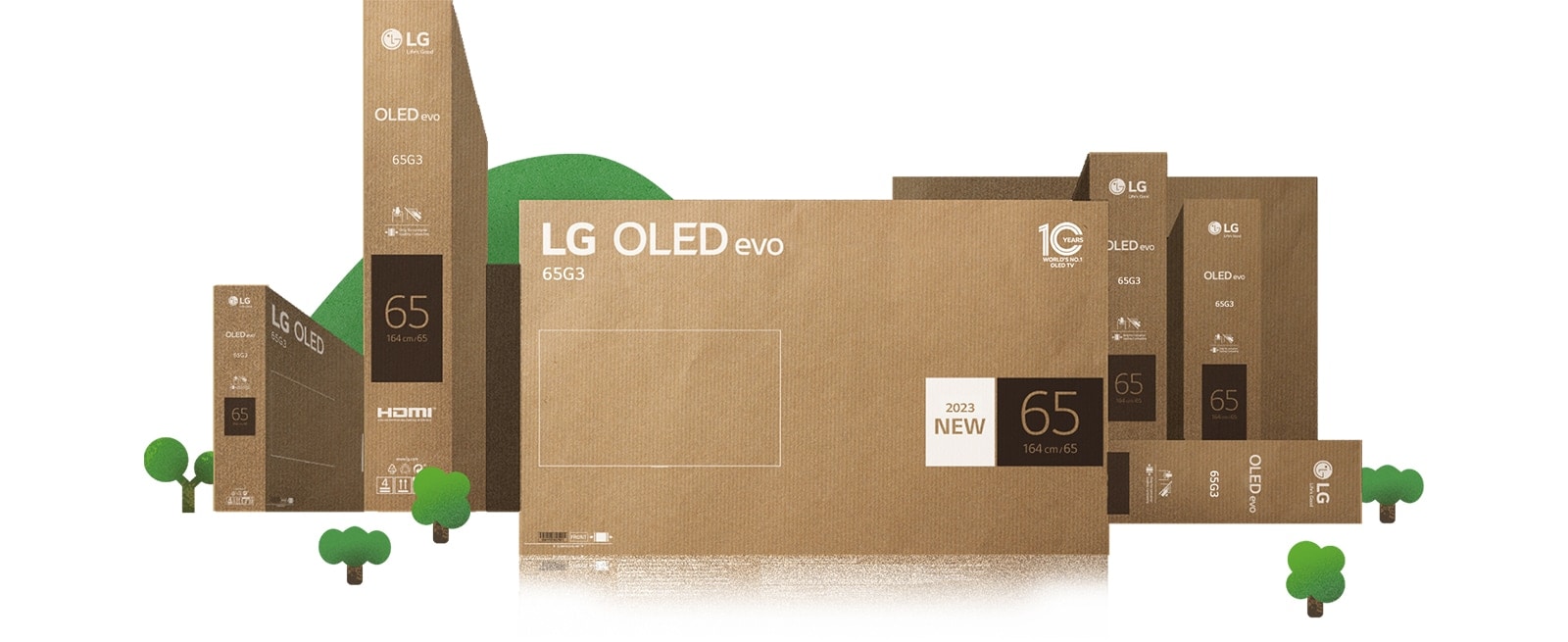Ilustração de uma cidade cheia de natureza criada com a embalagem ecológica da LG OLED.