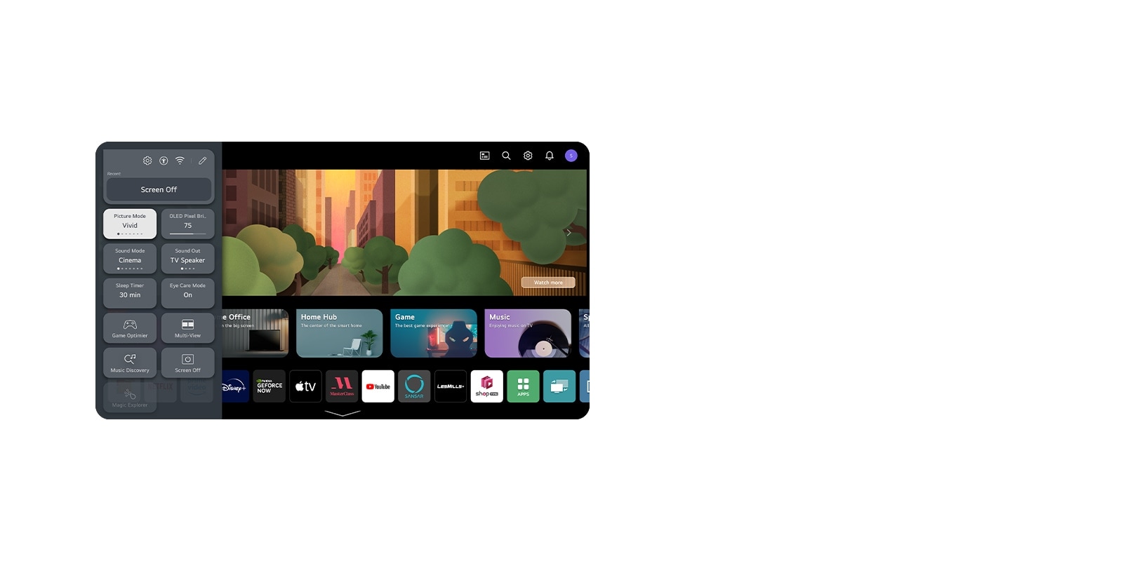 Imagem da experiência de usuário da LG OLED, com recursos de acessibilidade abertos no lado esquerdo da tela.