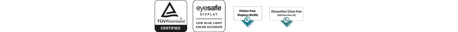 Logotipos TUV Rheinland e Eyesafe Display, logotipo Flicker-free Display, logotipo Discomfort GlareFree