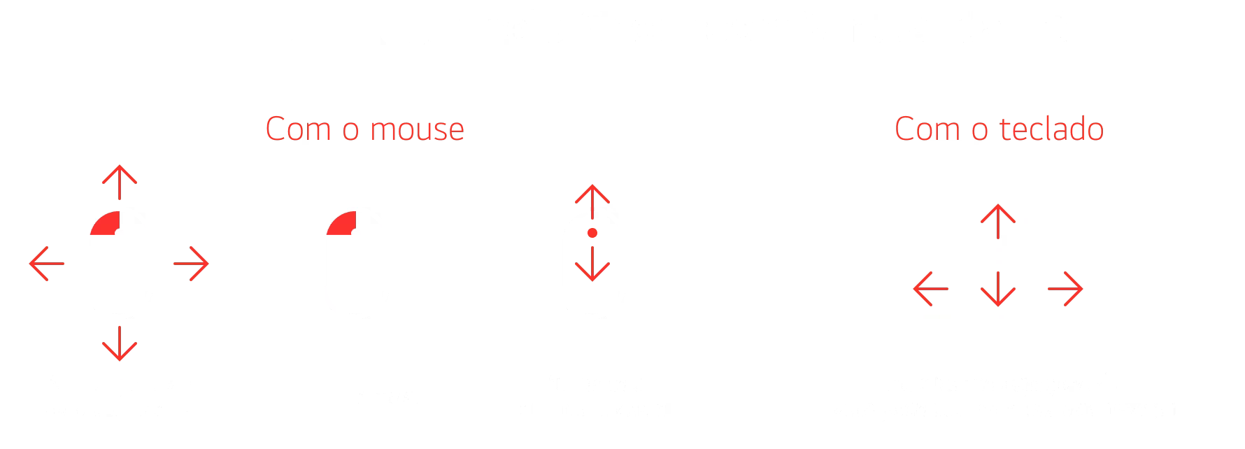 Como navegar pelo Showroom Virtual da LG, Com o mouse : Arraste para ver todo o ambiente / Clique e mova / Aumente e diminua o zoom , Com o teclado : Ao clicar no espaço vazio, você pode usar as setas para navegar