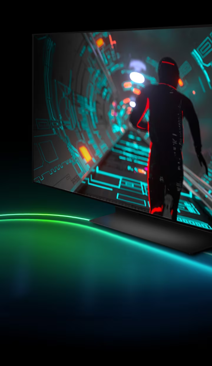 Um personagem de jogo de ficção científica atravessa um túnel com luzes de neon