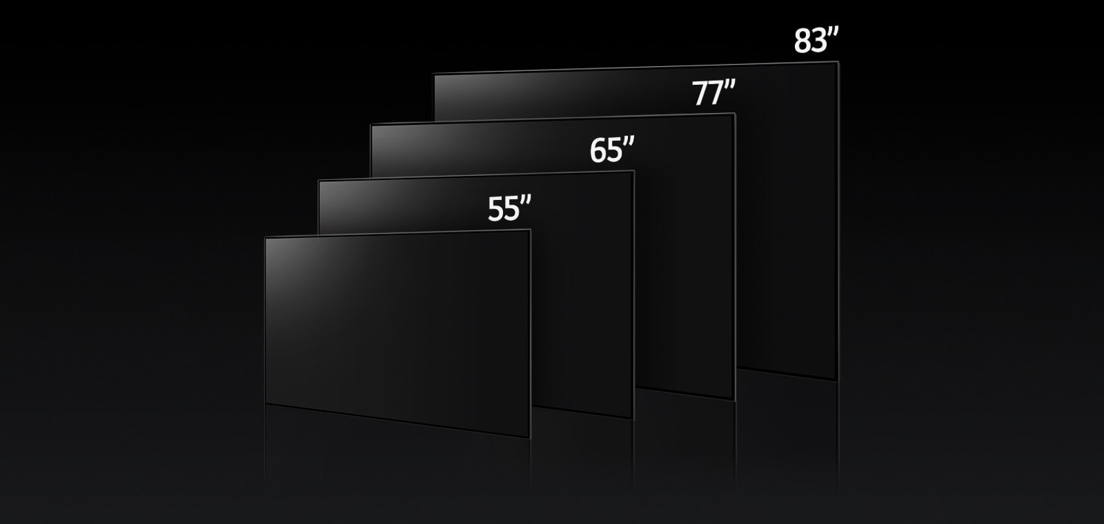 Image comparant les différentes tailles de LG OLED G3, présentant les modèles 55", 65", 77" et 83".
