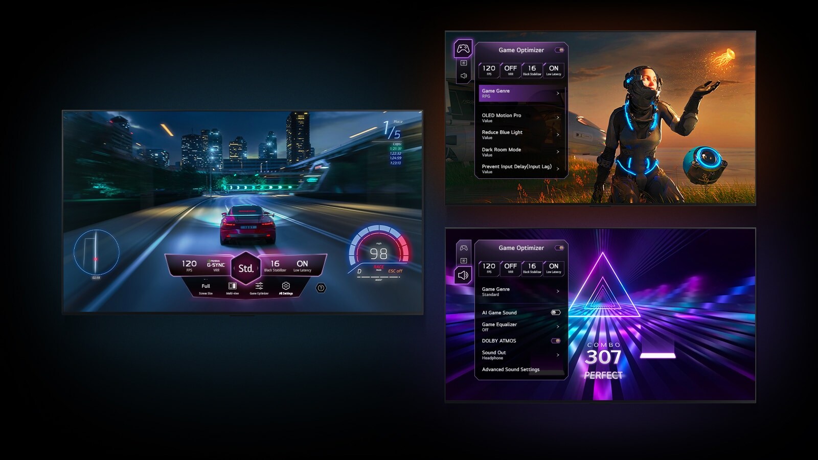 Trois écrans de jeu sont représentés sur un fond noir dégradé. Le premier montre un jeu de course automobile avec le tableau de bord du jeu qui survole l’action. Le second est un jeu de science-fiction avec le menu Game Optimizer. Le troisième écran montre l’onglet Jeu de Game Optimizer sur un jeu musical.