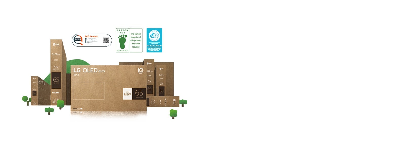 Emballage écologique en carton LG OLED représenté autour d’arbres et de montagnes animés.