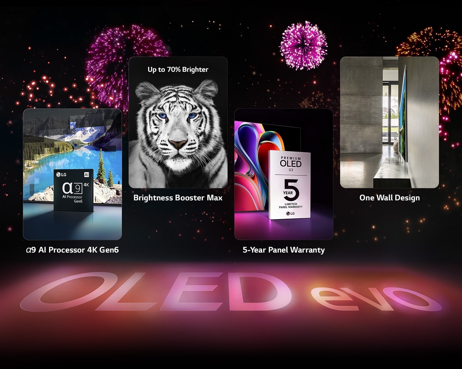Image présentant les principales caractéristiques du LG OLED evo G3 sur un fond noir avec un feu d’artifice rose et violet. Le reflet rose du feu d’artifice sur le sol fait apparaître les mots « OLED evo ». Dans l’image, le processeur IA α9 4K Gen6 est représenté devant l’image d’un lac remastérisée avec la technologie de traitement. Image présentant la technologie Brightness Booster Max avec un tigre, un contraste profond et des blancs éclatants. Image présentant la garantie de 5 ans sur le panneau montrant le logo de la garantie premium OLED G3 avec l’écran en arrière-plan. Image présentant le One Wall Design montrant le LG OLED evo G3 affleurant le mur de la pièce à vivre d’un espace industriel gris.