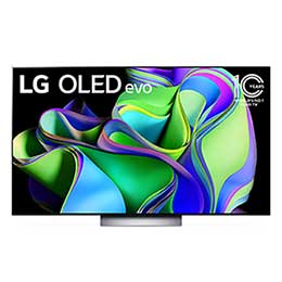Vue avant du LG OLED evo avec l’emblème « 10 Years World No.1 OLED » à l’écran, et de la barre de son située en dessous. 