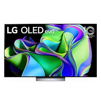 Vue avant du LG OLED evo avec l’emblème « 10 Years World No.1 OLED » à l’écran, et de la barre de son située en dessous. 