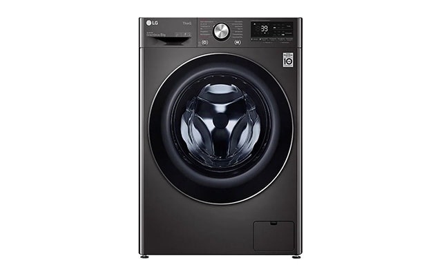 Front view of a F4WV708P2BA LG smart washing machine in black.