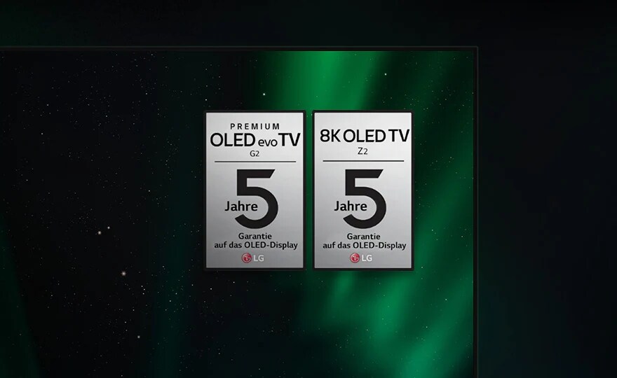 Die Logos für die für Z2 und G2 geltende Garantie erscheinen auf dem Bildschirm des LG-OLED-Fernsehers