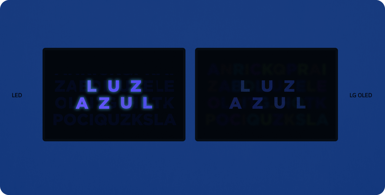 Un televisor LED y otro OLED aparecen uno al lado del otro. Se muestran letras coloridas en la pantalla y luego se organizan para crear un texto azul con las palabras 'BLUE LIGHT'. En el LED, la luz azul brilla, pero en el OLED está atenuada.