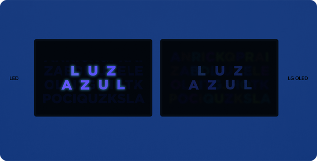 Un televisor LED y otro OLED aparecen uno al lado del otro. Se muestran letras coloridas en la pantalla y luego se organizan para crear un texto azul con las palabras 'BLUE LIGHT'. En el LED, la luz azul brilla, pero en el OLED está atenuada.