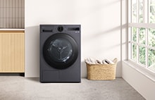 LG front-loading dryer placed in a bright laundry space with a wicker basket next to a large window