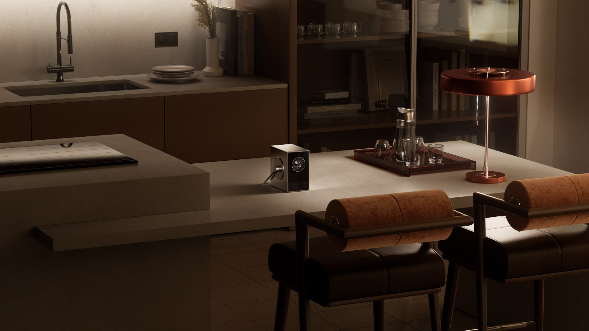 Image of the Cinebeam Q placed in the center of the kitchen island dining table, creating a cinematic atmosphere.