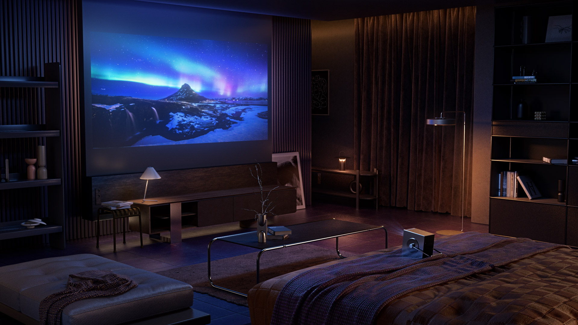 Immagine del Cinebeam Q appoggiato su un letto scuro, che proietta uno schermo blu dell'aurora.