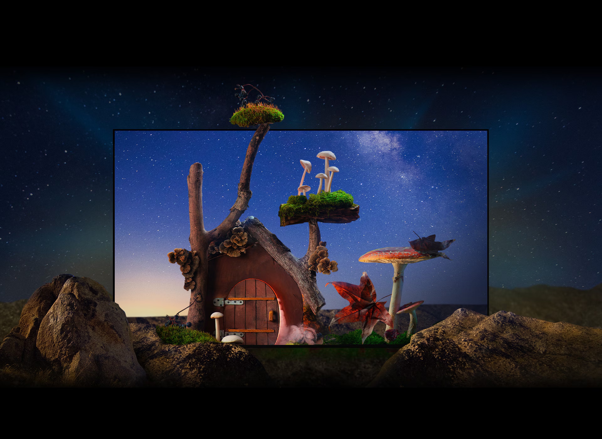 A fantastical-looking tiny house with trees, mushrooms, and large rocks is under the starry night sky