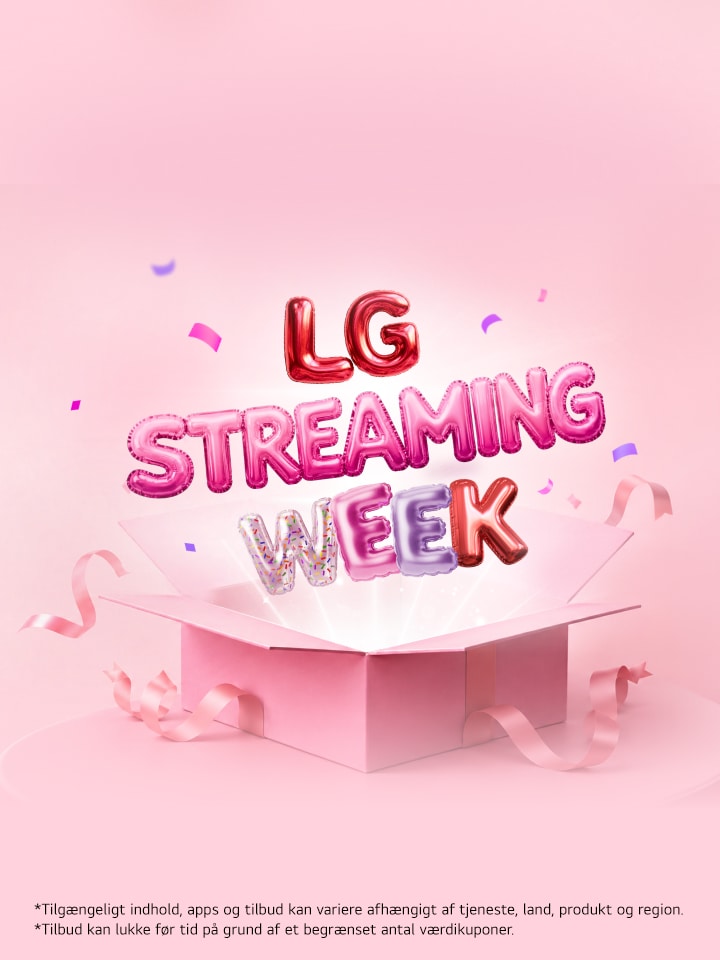 Farverig ballonformet tekst med "LG Streaming Week" stiger op fra en åben lyserød gaveæske, omgivet af bånd og konfetti på en blød lyserød baggrund.