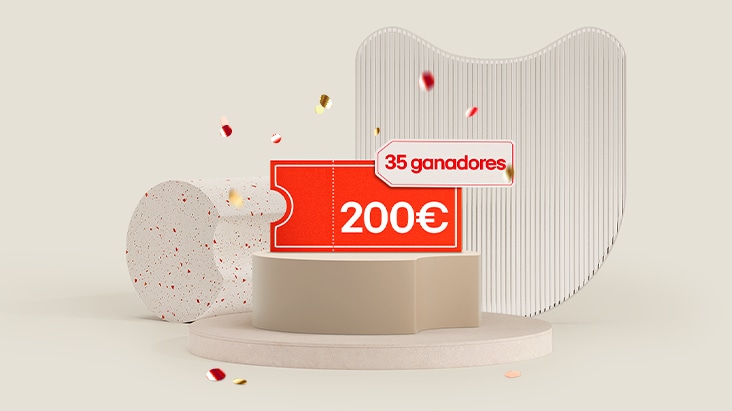 Es una imagen de sorteo que promociona que, al escribir una reseña de un producto LG, se otorgará un vale de 200 € a 35 personas mediante sorteo