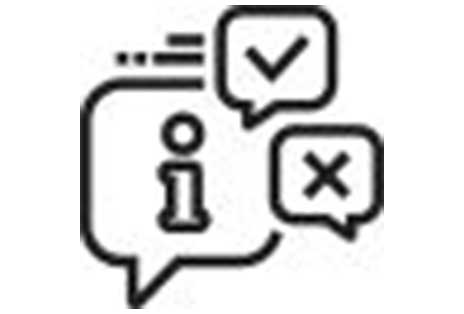 Three word bubbles of distinct sizes, each outlined in black, contain different marks, an exclamation, a question, and a check, respectively.	
