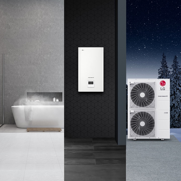A steamy bathtub situates left, flanked by the LG Therma V indoor unit at the center and LG Therma V double-stack outdoor unit to the right.