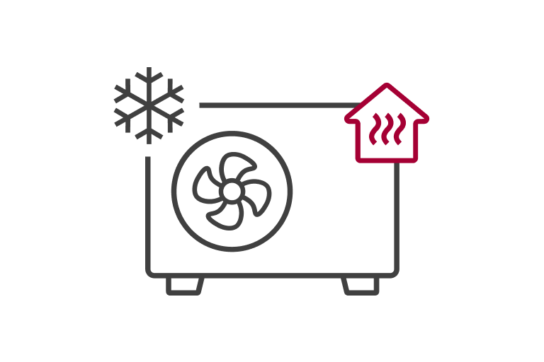 A snowflake on the upper left and steamed floor on the lower right is placed over the fan of the air to water heat pump.