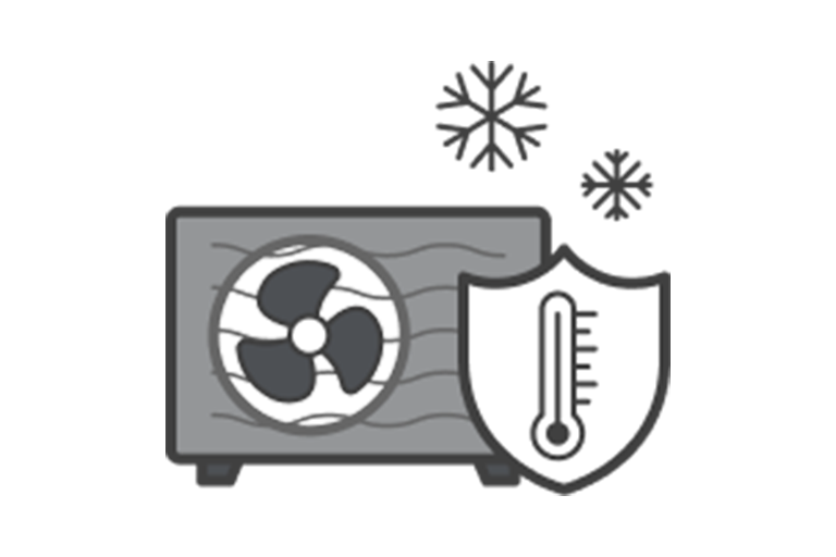 On display is the grey outdoor icon while a thermometer inside a shield badge on the right side indicates high temperature with two snowflakes on the top.	