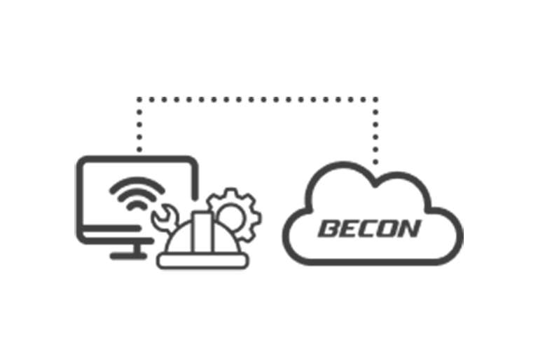 A monitor displaying a wifi icon on the left with gear icons in the front is connected to the LG BECON cloud icon on the right side with a grey dotted line. 	