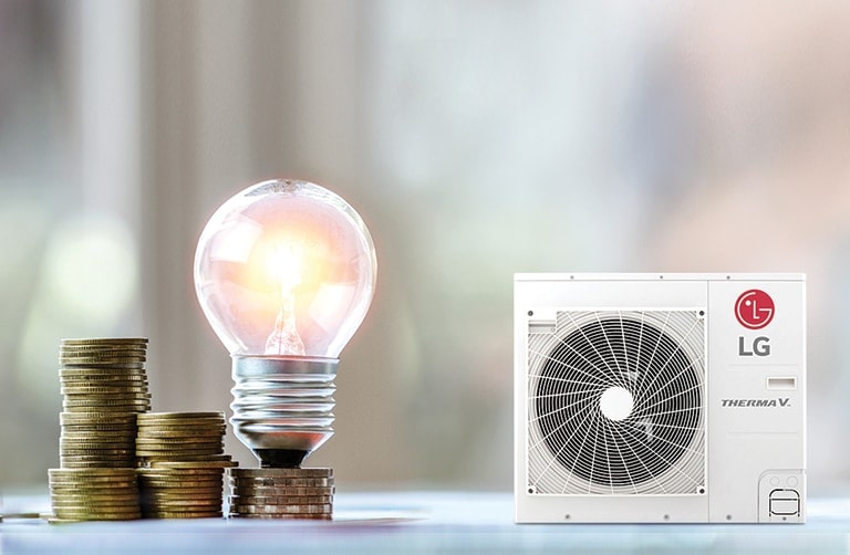 A light bulb on a coin and heat pump