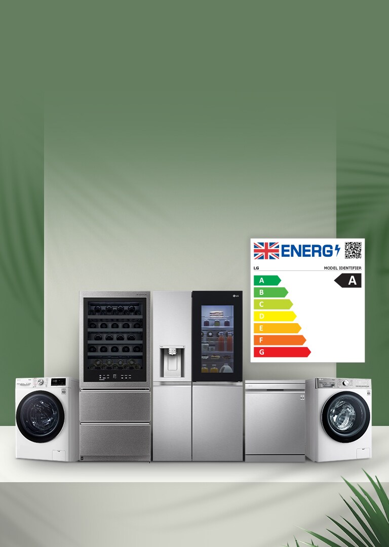 On the white floor and green background, there is a washer-dryer, wine cellar, refrigerator, dishwasher, washing machine, energy label, and leaves around them