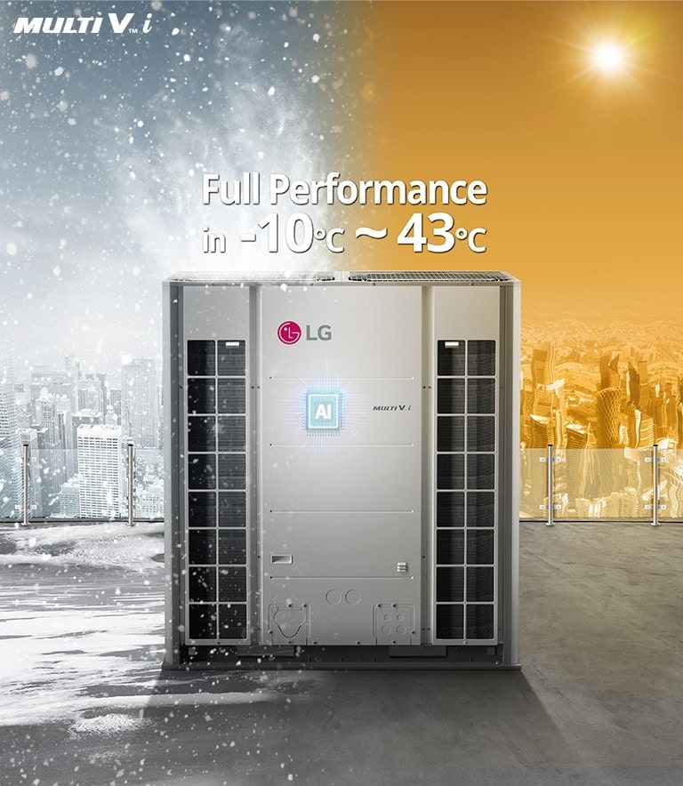 MULTI V i is installed on the roof of the building, with cold winter and hot summer weather in the background. The following text is highlighted above the product: 'Full Performance in -10℃ to 43℃'