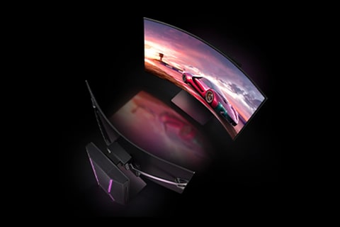 An aerial view of two LG OLED Flex TVs facing each other. One has the display visible with a racing game playing on screen. The other has the back Shield Design visible.