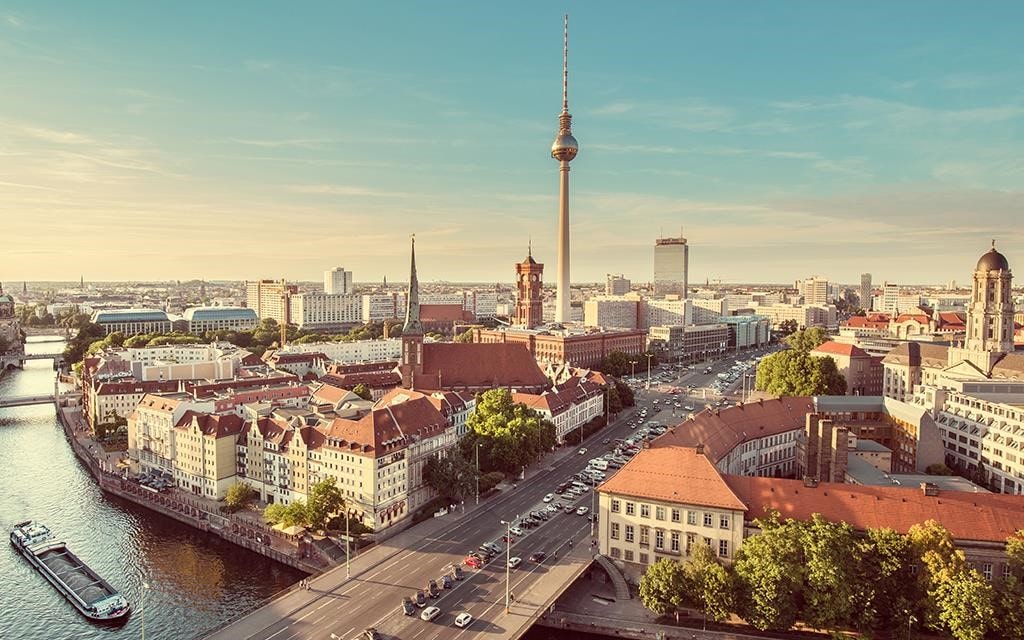 A view of Berlin city, including the cathedral, TV tower and the Spree river.