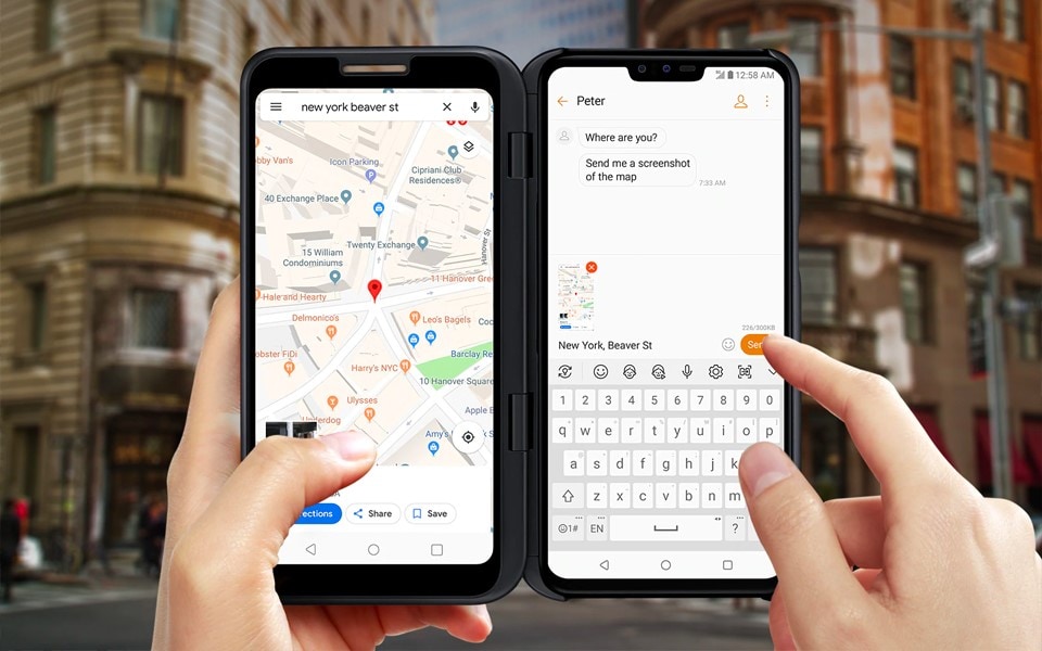 The dual screen of an LG smartphone allowing you to view a map and send messages simultaneously.