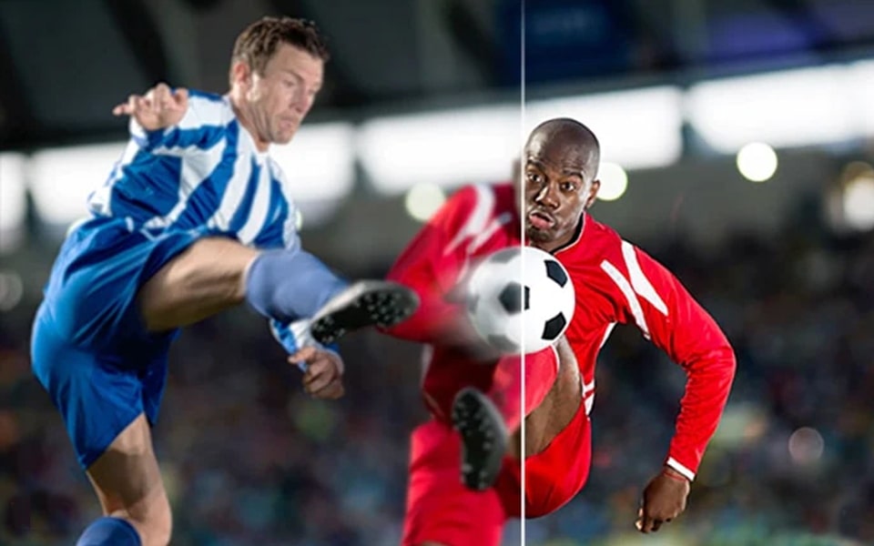A split-screen image of two football players shows the smooth motion of LG OLED evo TVs