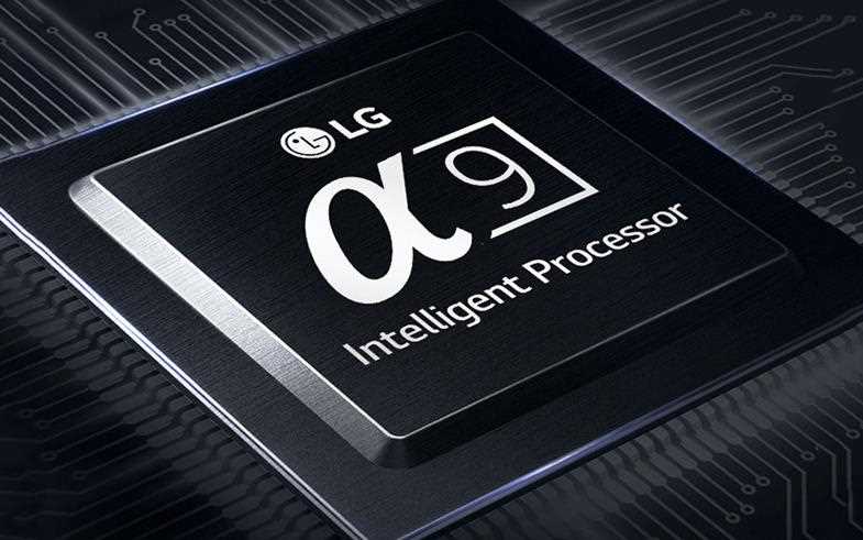 LG alpha 9 intelligent processor for LG OLED TVs on black background