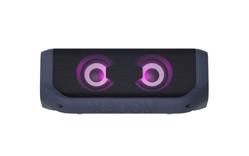 The LG XBOOM GO on display with purple lighting.