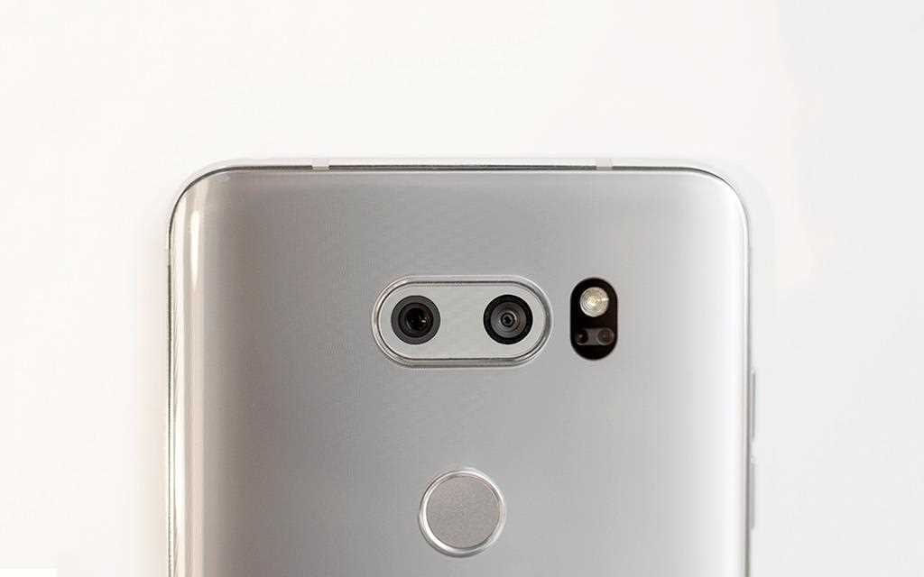 Backside view image of LG V30 smartphone.