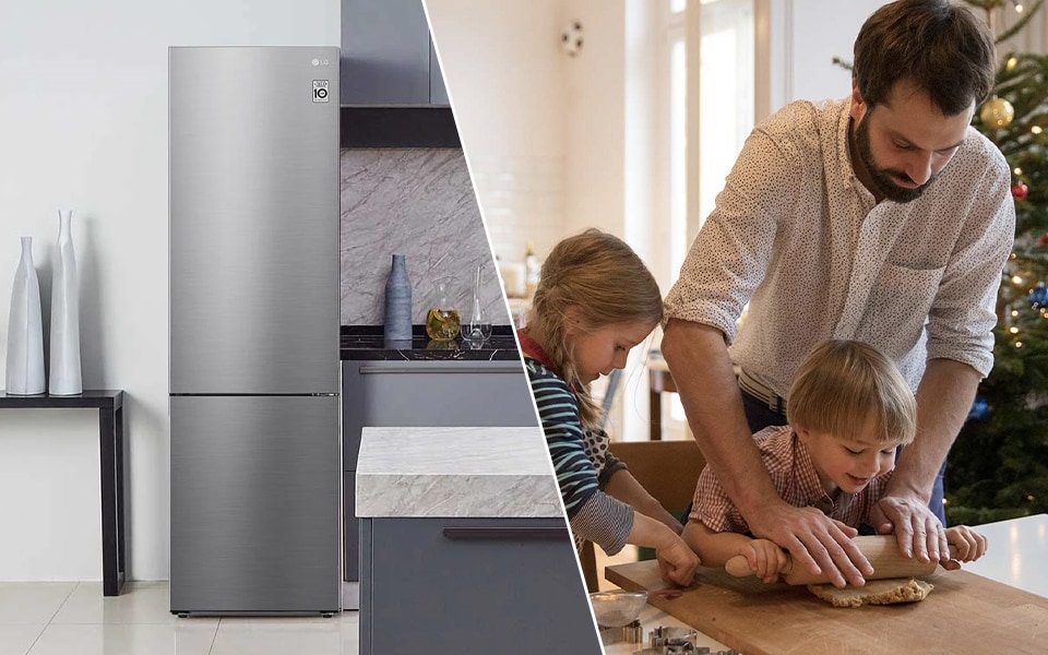 A split image of a silver LG NatureFRESH fridge freezer and a father helping two children bake Christmas cookies