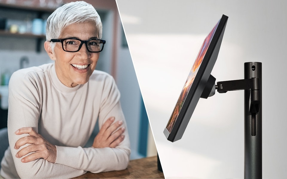 A split image shows a smiling woman with glasses and an adjustable LG Monitor Ergo