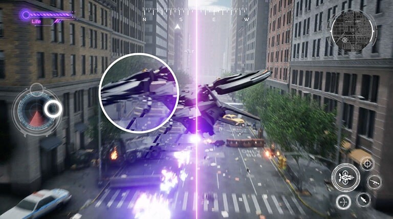 A spinning missile flies to the targets at great speed in a FPS game, and the fast spinning movement of the missile captured by zooming to the larger view goes smoothly with G-sync mode on in comparison to another scene with G-sync mode off.