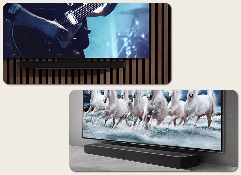  As a card image showing the matching design of a TV and a soundbar, the image above shows a TV and soundbar mounted on the wall with a screen displaying a scene of a guitarist playing under a blue light, and below, a TV and soundbar sitting on a shelf with a screen displaying an image of a white horse running on a blue beach.