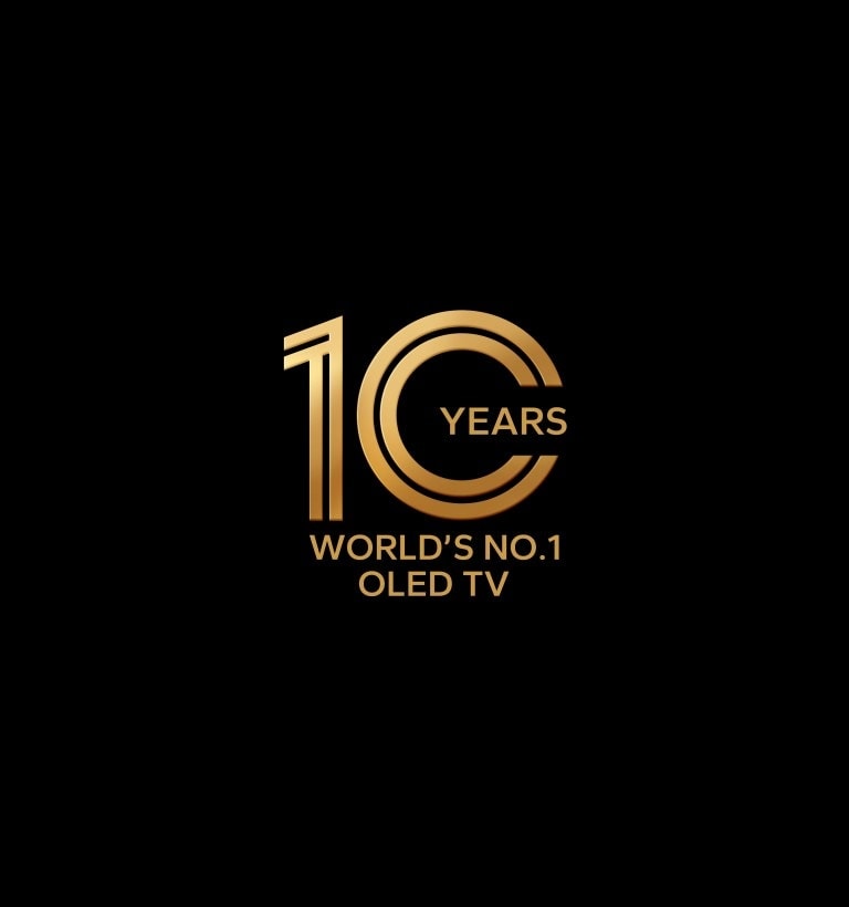 The phrase "World's No.1 OLED" appears over a black background. As the other words fade away, 1 enlarges and transforms into the ultra-slim edge of LG OLED G3. The TV revolves, and a colourful abstract image plays on the screen, which fades into the words "10 years of LG OLED".