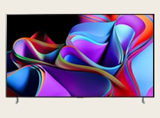 LG OLED Z3 with a Floor Standing showing a colourful abstract artwork. 